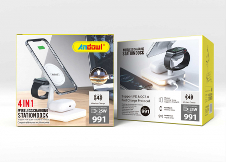 Incarcator wireless 4 in 1 Andowl 991, 25W, compatibil cu iPhone, iWatch, Airpod Pro 2 3, cu mufa USB Type-C, lumina LED, alb [7]