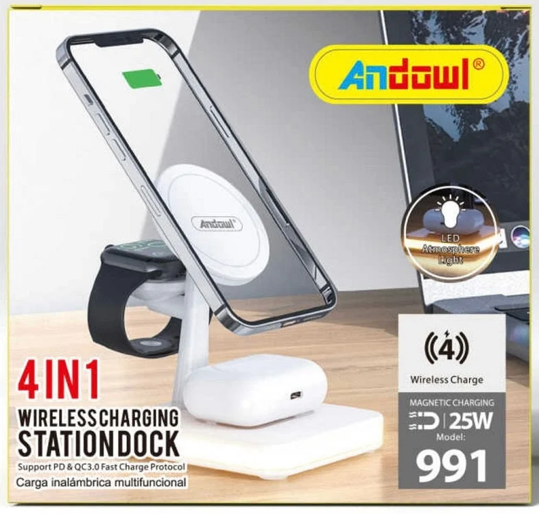 Incarcator wireless 4 in 1 Andowl 991, 25W, compatibil cu iPhone, iWatch, Airpod Pro 2 3, cu mufa USB Type-C, lumina LED, alb [4]