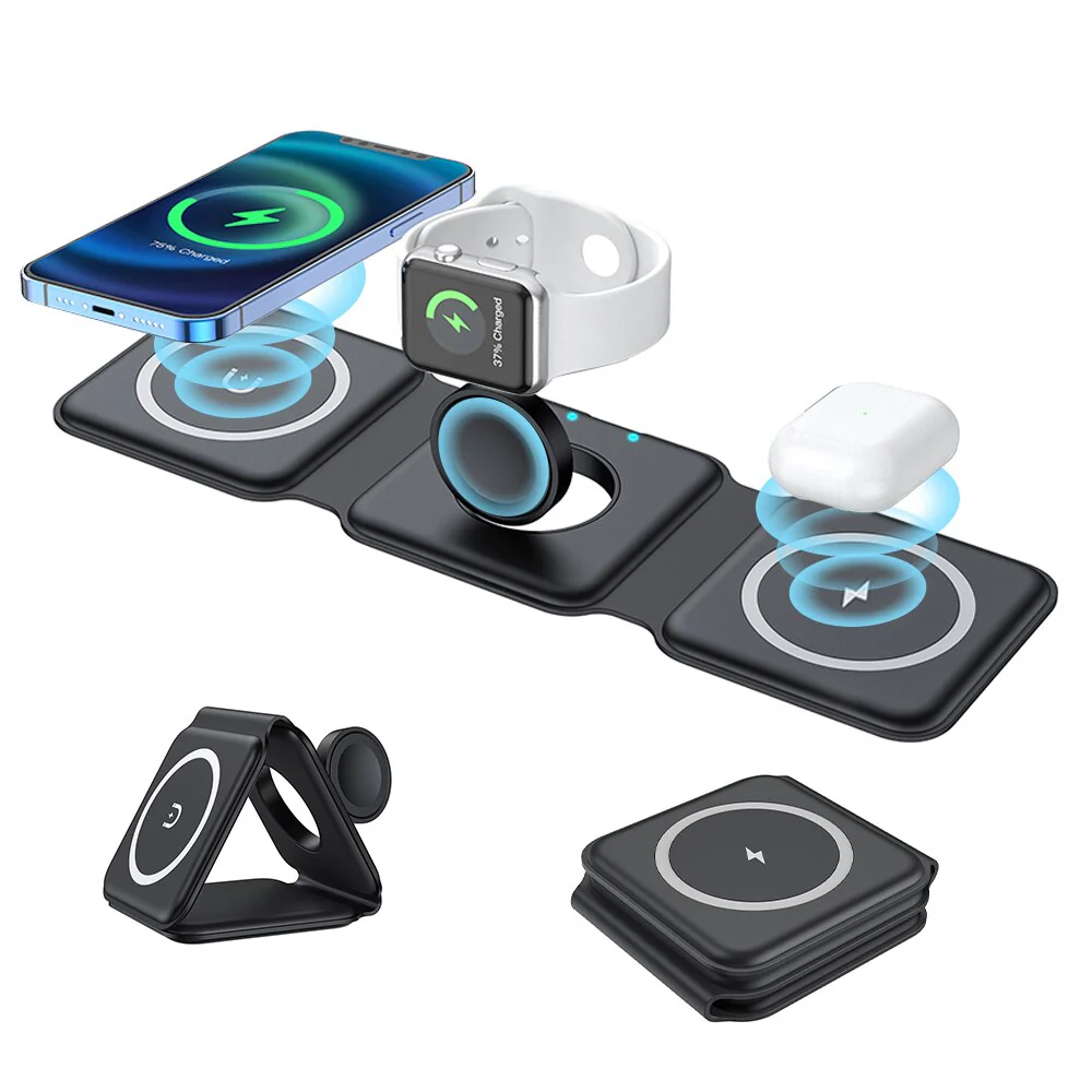 Incarcator Wireless cu inductie magnetica 3 in 1, 15W, pentru Telefon, Ceas, Casti