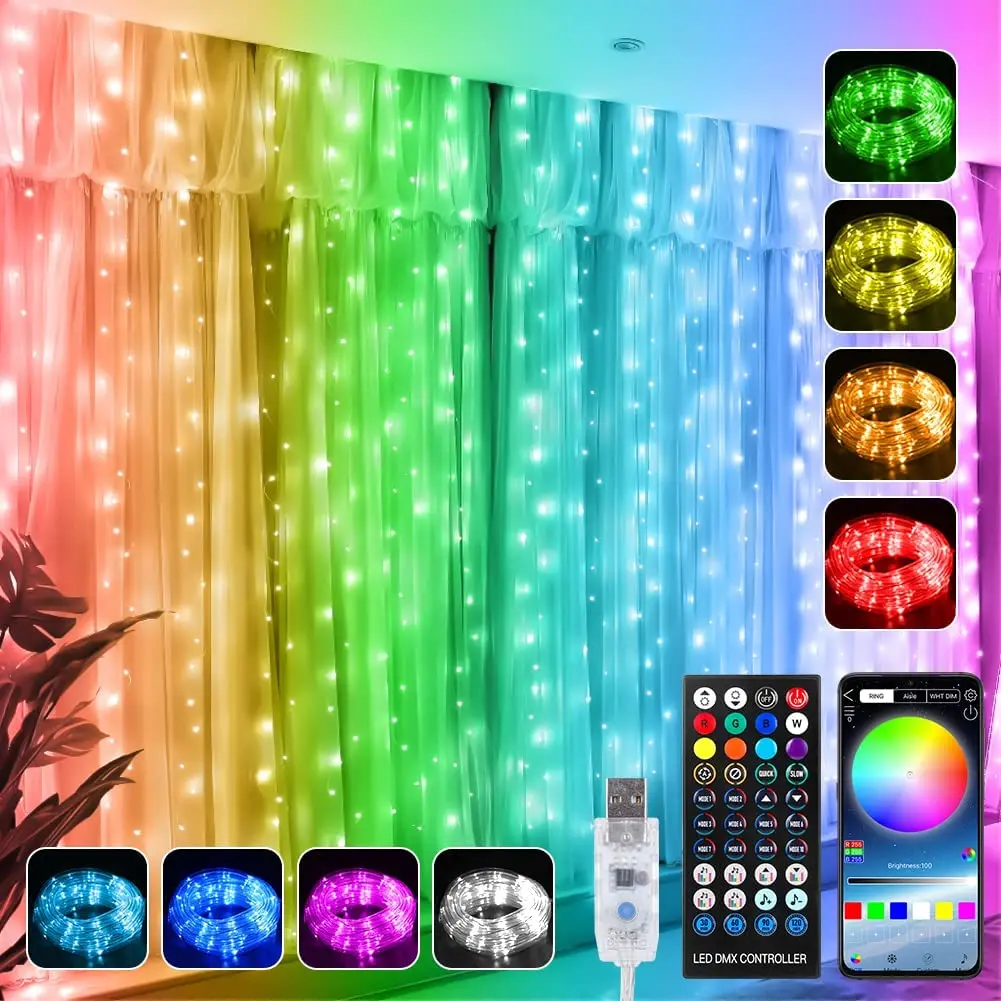 ELECTRONICE & GADGET - Instalatie Perdea, Control din Telefon, Animatii Customizabile, 400 LED-uri cu Bila, 3m x 2m, Smart Bluetooth Rgb+W, Cod QR aplicatie, Telecomanda