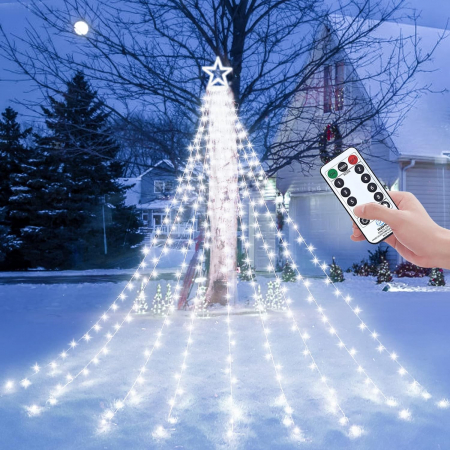 DECORATIUNI CRACIUN - Instalatie perdea cu varf stea, 350 led, 9 franjuri, telecomanda, alb rece/alb cald/multicolor