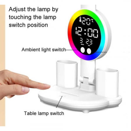 Lampa LED tip veioza cu 4 capete, cu ecran RGB inteligent, data si temperatura, suport pentru pixuri, de birou [1]