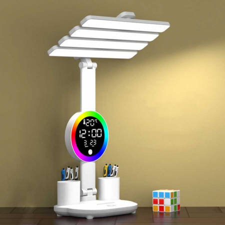 TOATE PRODUSELE - Lampa LED tip veioza cu 4 capete, cu ecran RGB inteligent, data si temperatura, suport pentru pixuri, de birou