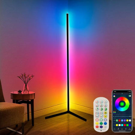 ELECTRONICE & GADGET - Lampa RGB de podea pentru colt, cu LED si jocuri de lumini, design slim, control aplicatie + telecomanda, 140cm inaltime