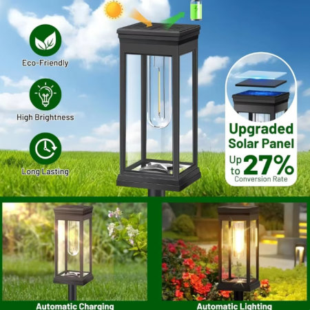 Lampa Solara Retro pentru gradina, infigere in pamant, senzor de lumina, alb cald, 1000 mAh, timp lung de functionare [1]