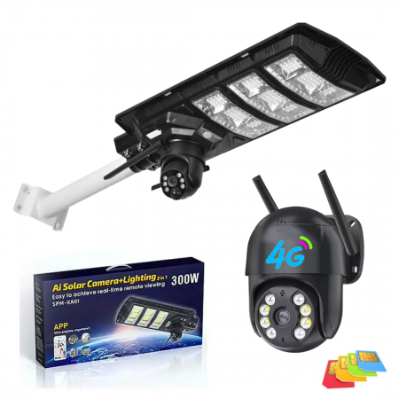 Lampa Solara 2 in 1 cu Camera 4G de Supraveghere Incorporata, Conexiune Cartela Sim, Senzor de Miscare, Infrarosu, Microfon si Difuzor, Rotativa