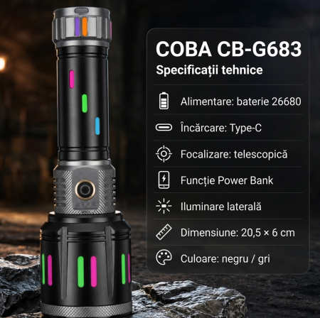 Lanterna Portabila cu Zoom, Baterie Externa, Acumulator 10.000 mAh, Incarcare Type-C, 20.5 x 6 cm, CB-G683 [3]
