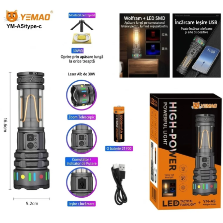 Lanterna Profesionala LED, Raza 1500 m, Zoom, Functie Baterie Externa, Lumina Alba/Rosie/Albastra/Galbena, Acumulator 5000 mAh, YM-A5 [7]