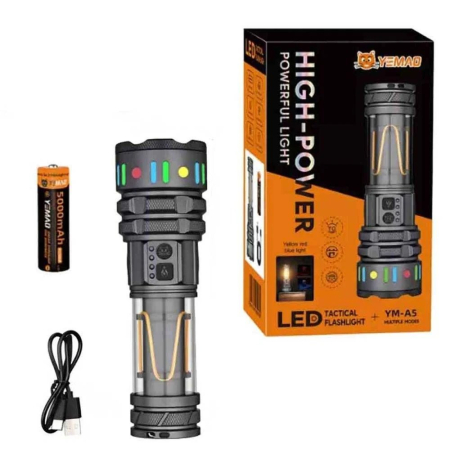 Lanterna Profesionala LED, Raza 1500 m, Zoom, Functie Baterie Externa, Lumina Alba/Rosie/Albastra/Galbena, Acumulator 5000 mAh, YM-A5 [1]