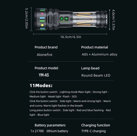 Lanterna Profesionala LED, Raza 1500 m, Zoom, Functie Baterie Externa, Lumina Alba/Rosie/Albastra/Galbena, Acumulator 5000 mAh, YM-A5 [8]