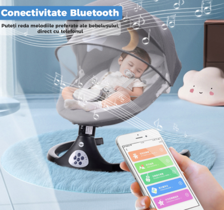 Leagan Balansoar Electric pentru bebe/copii, 5 moduri de unghi de balansare, 2 jucarii cu velcro, suport maxim 9 kg, Control Telecomanda si Telefon [11]