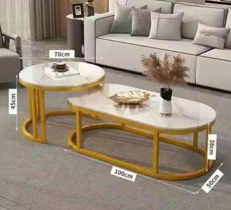 Masa de Cafea Moderna, 2 Piese, Imitatie Marmura Alba, Picioare Metalice, Design Luxury, pentru Living, Birou, Home Bar, Hol [5]