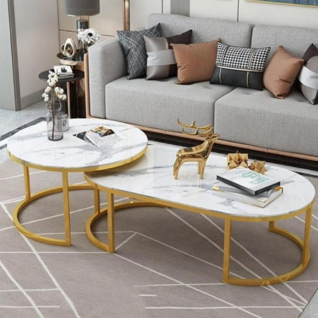 ARTICOLE CASA - Masa de Cafea Moderna, 2 Piese, Imitatie Marmura Alba, Picioare Metalice, Design Luxury, pentru Living, Birou, Home Bar, Hol