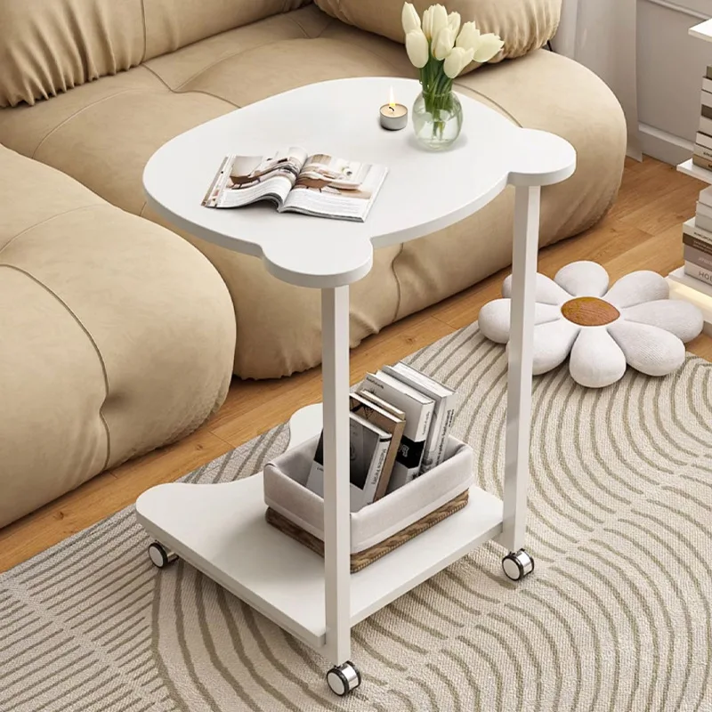 Masa laterala tip C cu rafturi si roti, moderna, pentru living si dormitor, compacta si multifunctionala, Alb