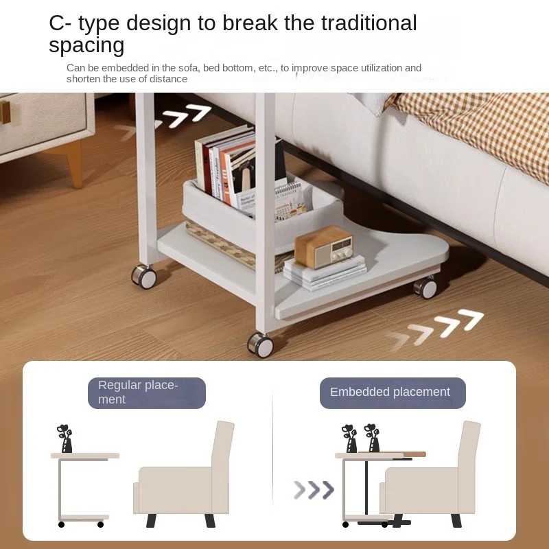 Masa laterala tip C cu rafturi si roti, moderna, pentru living si dormitor, compacta si multifunctionala, Alb [5]