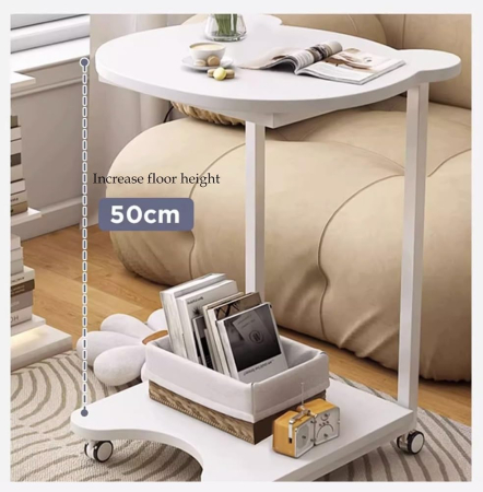 Masa laterala tip C cu rafturi si roti, moderna, pentru living si dormitor, compacta si multifunctionala, Alb [4]
