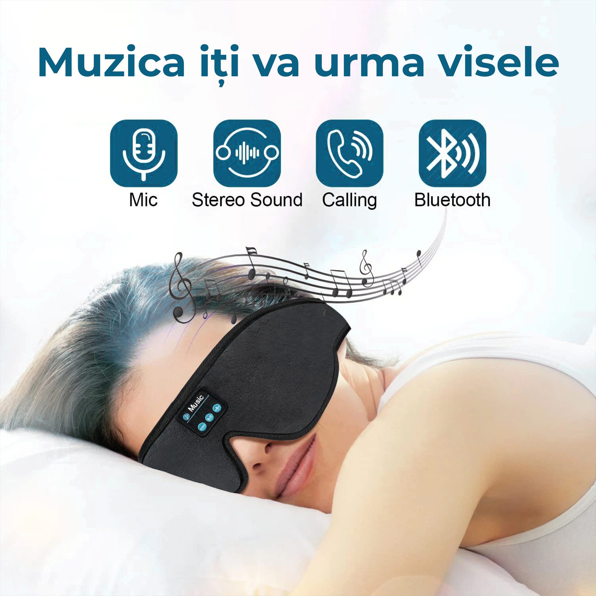 Masca de dormit cu Casti Wireless, Microfon, Bluetooth, spuma de memorie pentru somn, calatorie, reglabila [7]