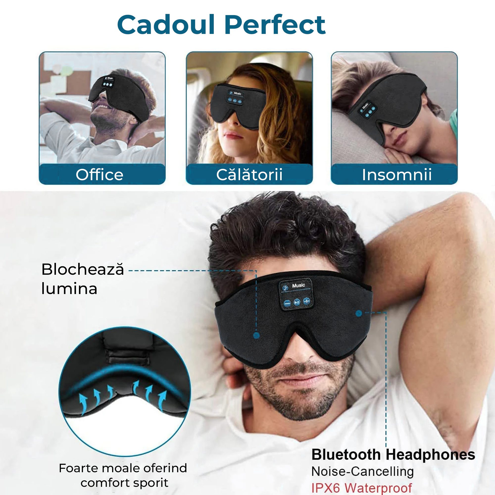 Masca de dormit cu Casti Wireless, Microfon, Bluetooth, spuma de memorie pentru somn, calatorie, reglabila [3]