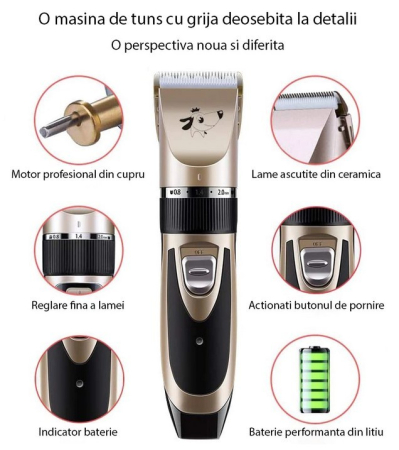 Masina de Tuns Caini si Pisici cu Acumulator, Reincarcabila USB, Accesorii, 4 Capete Reglabile, Foarfeca, Pieptan, Cleste unghii [1]