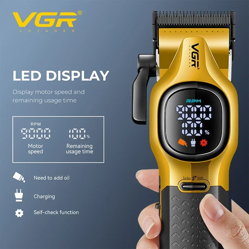 Masina de Tuns Profesionala VGR, Stand de Incarcare, Lame din Otel Inoxidabil, Turbo, Display LED, Autonomie 4 ore, Auriu, V-886C [5]