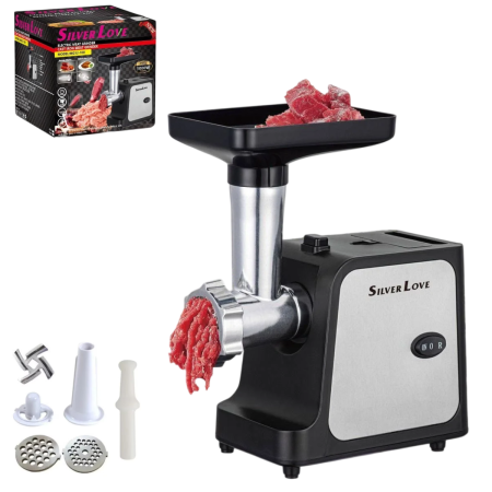 TOATE PRODUSELE - Masina Electrica de Tocat Carne, Putere 1000W, Functie Reverse, Accesorii Carnati si Kebbe, Silver Love