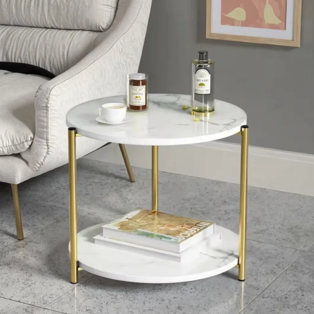 Masuta de Cafea cu 2 Nivele, Imitatie Marmura Alba, Design Modern, Picioare Aurii – Living Elegant [2]