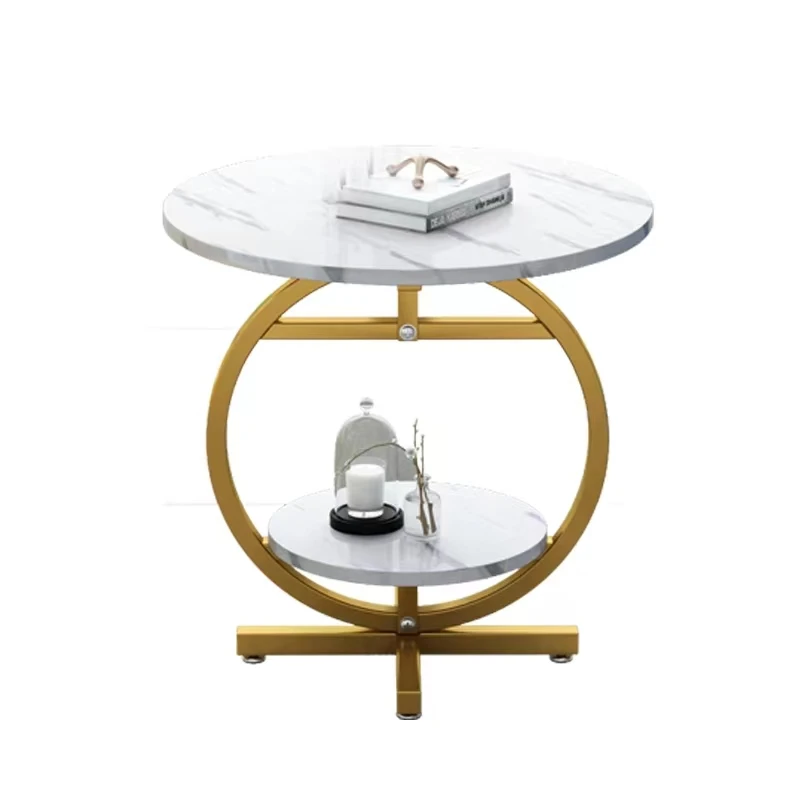 Masuta de Cafea Rotunda cu 2 Nivele, Design Marmura Alba, Picioare Aurii, Masa Moderna pentru Living, Hol, Dormitor [1]