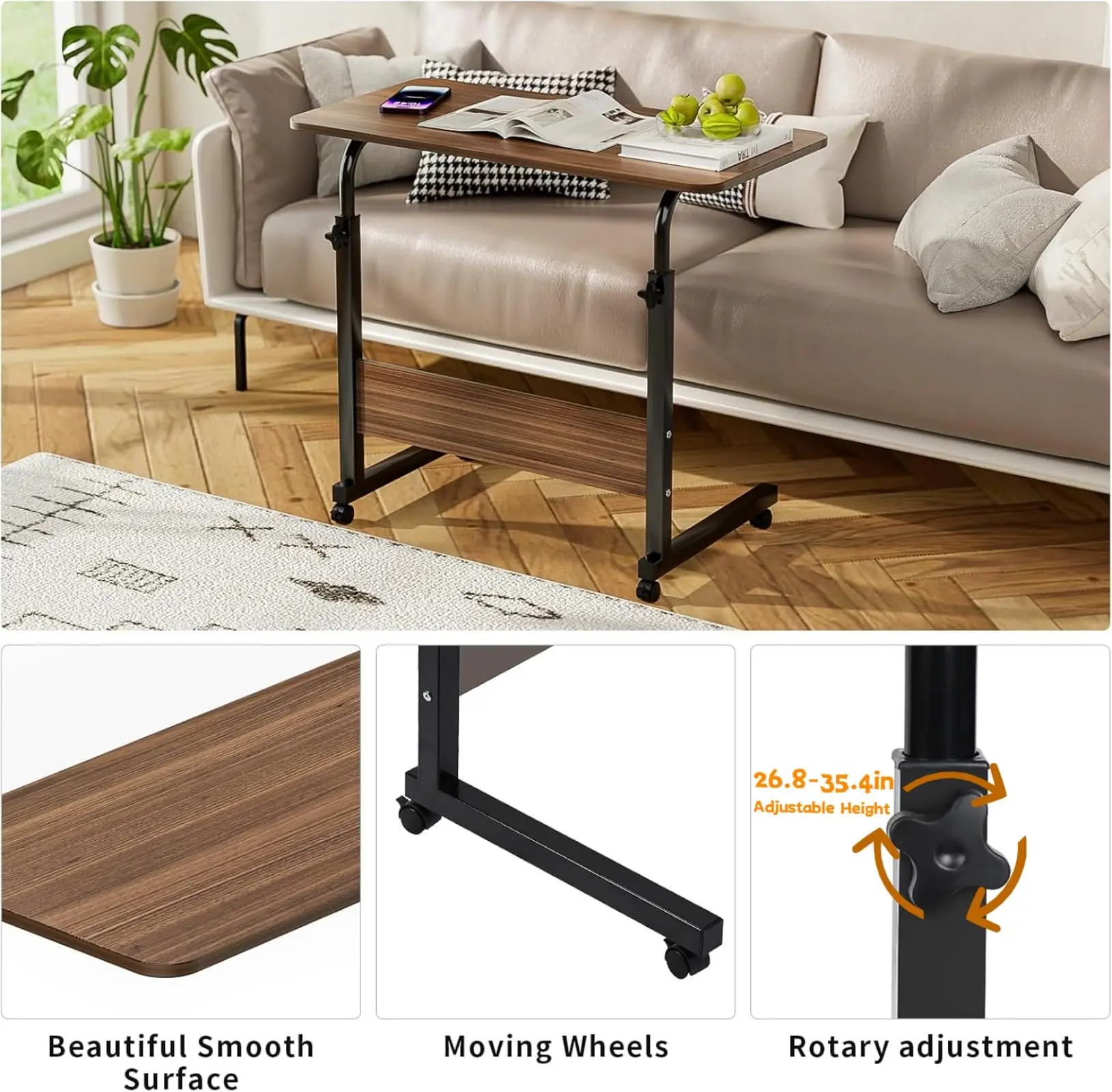 Masuta Laptop Reglabila cu Roti pentru Canapea si Pat, Blat Lemn, Cadru Metalic, Inaltime Ajustabila 68–90 cm [3]