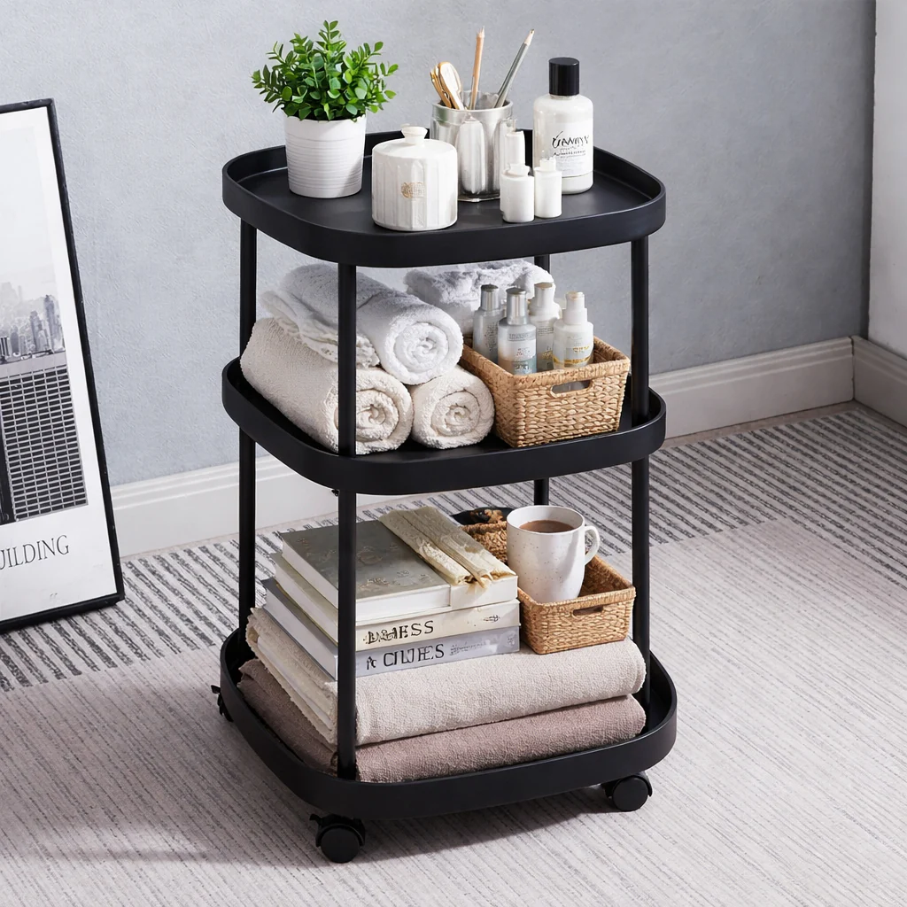 ARTICOLE CASA - Masuta Rotunda cu Roti si 3 Niveluri, Multifunctionala, pentru Living si Dormitor, 62x39cm, Negru/Alb