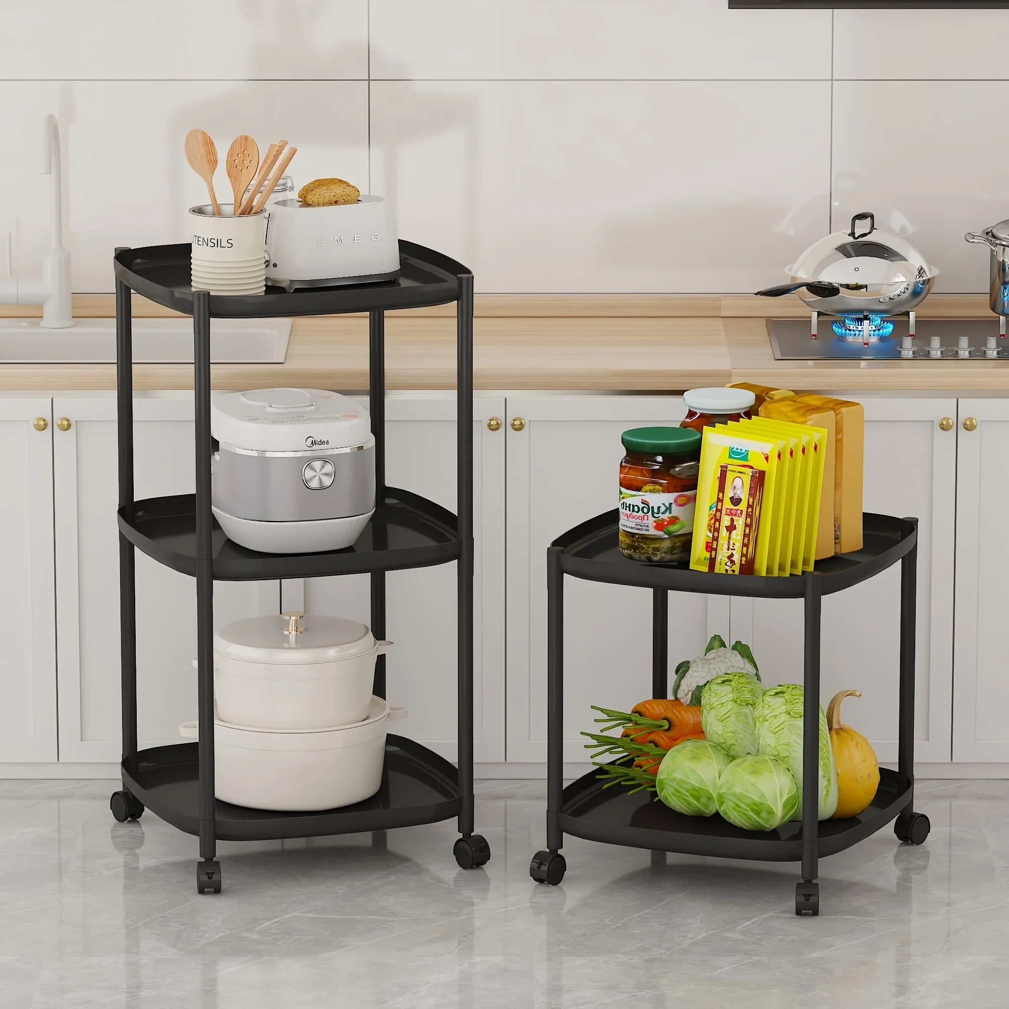 Masuta Rotunda cu Roti si 3 Niveluri, Multifunctionala, pentru Living si Dormitor, 62x39cm, Negru/Alb [3]