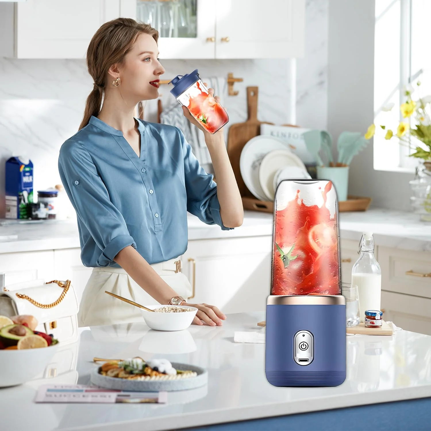 Mini Blender Portabil Electric, Cu Acumulator, 2 Recipiente, 6 Lame 3D, 300 ml, 40W, Capac Inclus [8]