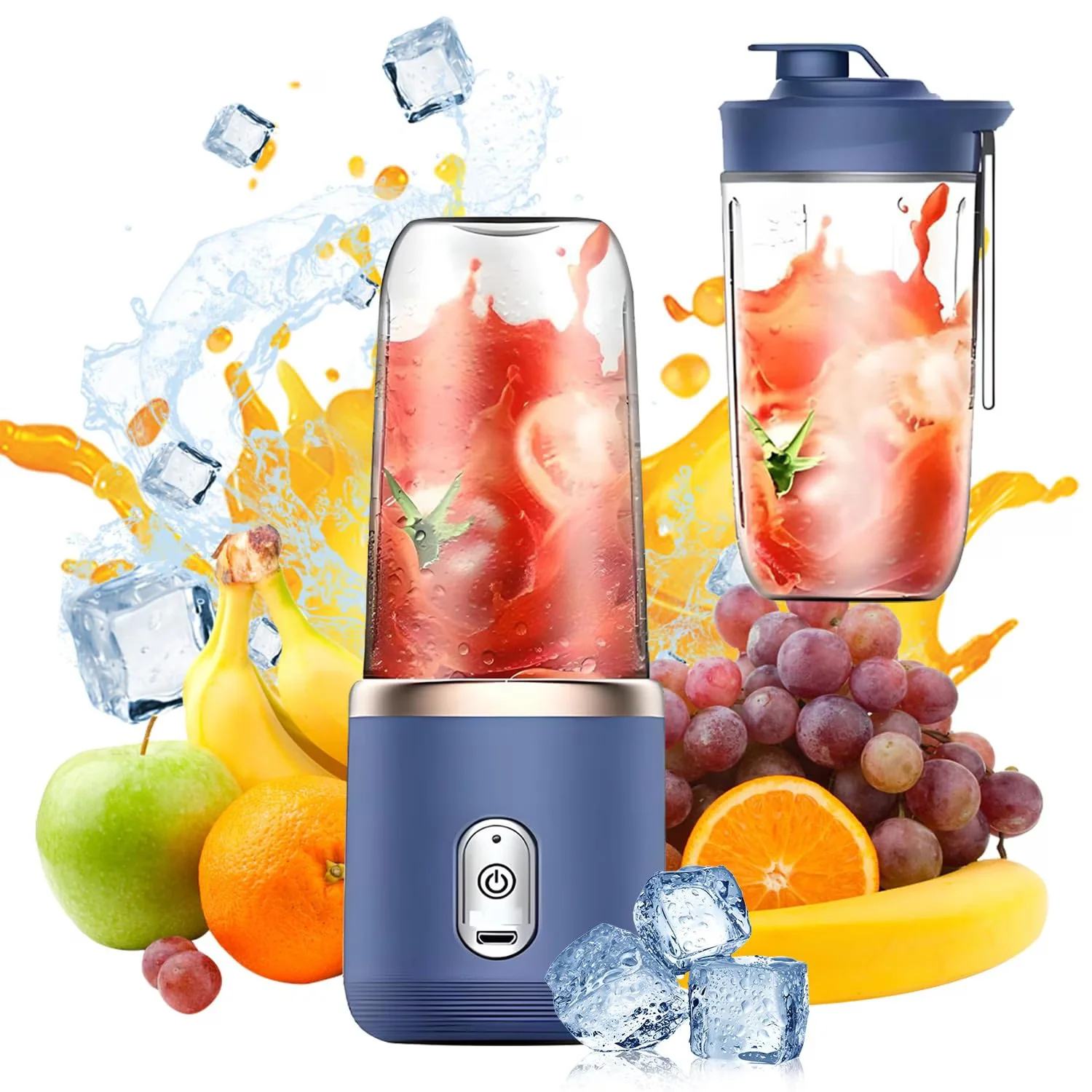 TOATE PRODUSELE - Mini Blender Portabil Electric, Cu Acumulator, 2 Recipiente, 6 Lame 3D, 300 ml, 40W, Capac Inclus