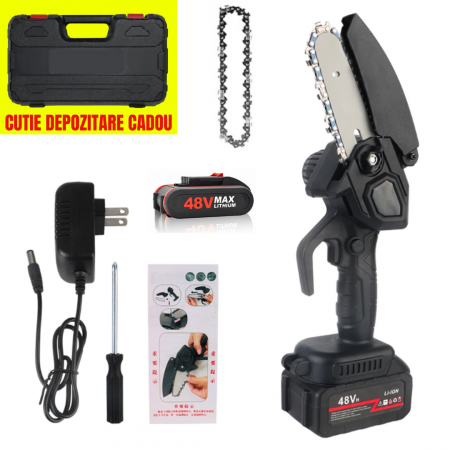 TOATE PRODUSELE - Drujba cu Acumulator 48V, fierastrau cu lant, lama 4 inch/10 cm, Li-Ion, valiza transport CADOU