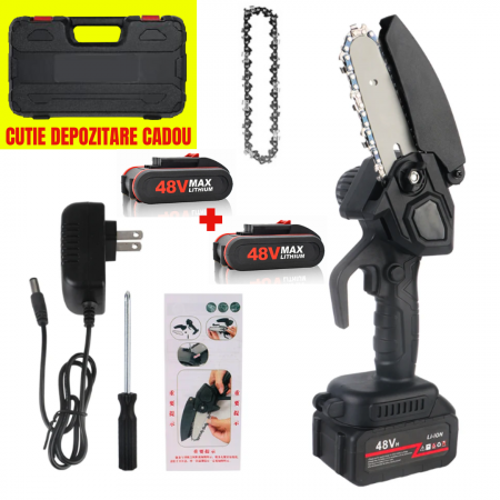 SCULE SI UNELTE - Drujba cu Acumulator 48V, fierastrau cu lant, lama 4 inch/10 cm, Li-Ion, valiza transport CADOU