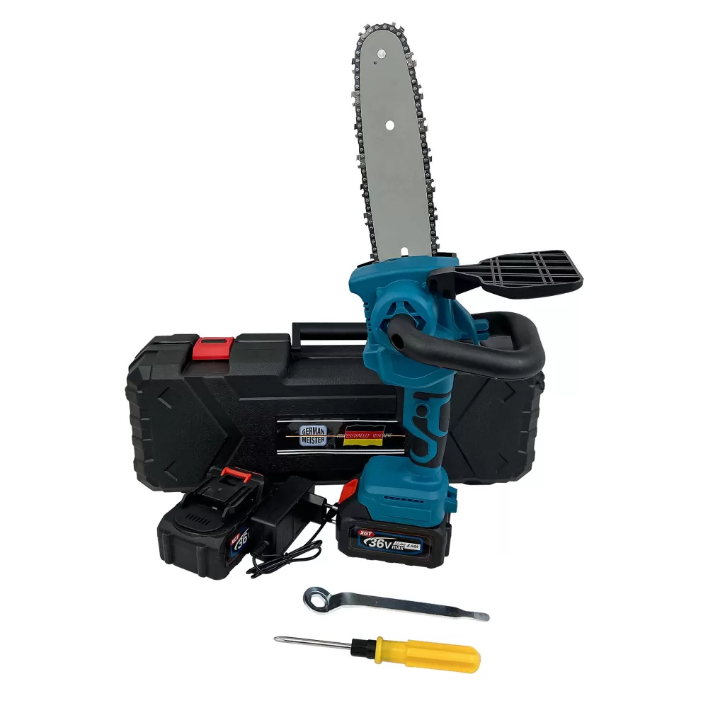 TOATE PRODUSELE - Mini Drujba German Meister cu 2 Acumulatori 36V 8Ah, Lama 20CM, sistem de ungere lant