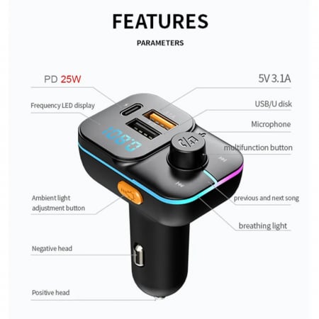 Modulator FM auto Bluetooth, C24S, lumina ambientala, incarcare rapidă, apeluri hands-free, transmisie FM [7]