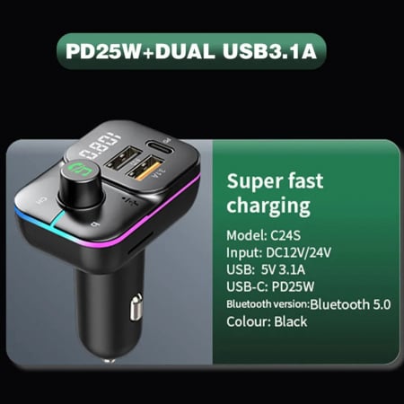 Modulator FM auto Bluetooth, C24S, lumina ambientala, incarcare rapidă, apeluri hands-free, transmisie FM [4]