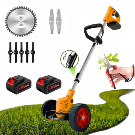 SCULE SI UNELTE - Motocoasa Electrica cu 2 Acumulatori 48V si Set Roti Detasabile, 4000 mAh, 18000 RPM, Disc + 2x Lama + 5x palete INCLUSE