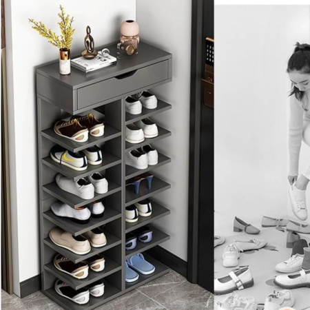 Pantofar cu 7 Etaje si Sertar, Dulap Depozitare Incaltaminte din PAL, Design Modern, Culoare Gri [1]