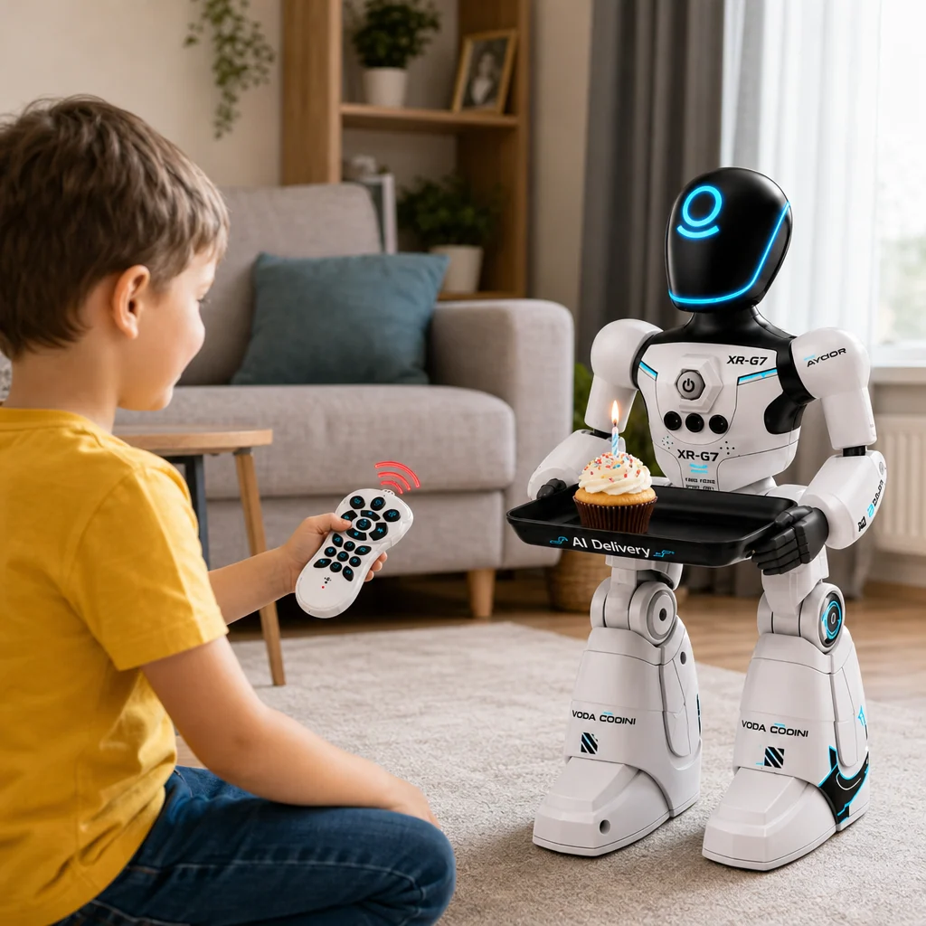 Robot Interactiv pentru Copii, Comenzi Vocale, Senzor de Gesturi, Telecomandă, Muzica, Dans si Lumini LED, Tava de Livrare, XR-G7 [1]