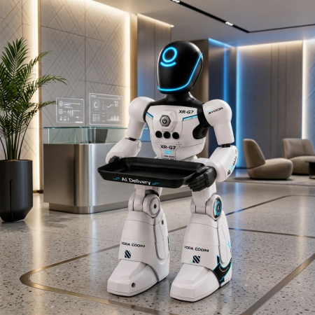 CADOURI FETE - Robot Interactiv pentru Copii, Comenzi Vocale, Senzor de Gesturi, Telecomandă, Muzica, Dans si Lumini LED, Tava de Livrare, XR-G7