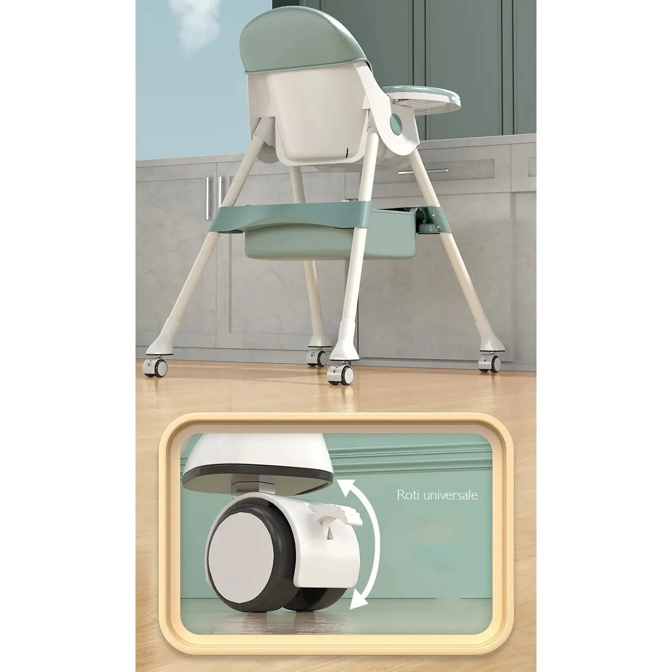 Scaun de masa pentru bebelusi 2 în 1, pliabil, cu tava dubla detasbila si spatar reglabil, 6–36 luni, Roz/Verde [6]