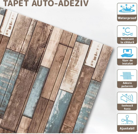 Set 10 buc Tapet 3D Autoadeziv, Model Lemn multicolor, Rezistent la Apa, usor de curatat, 70x77 cm [3]