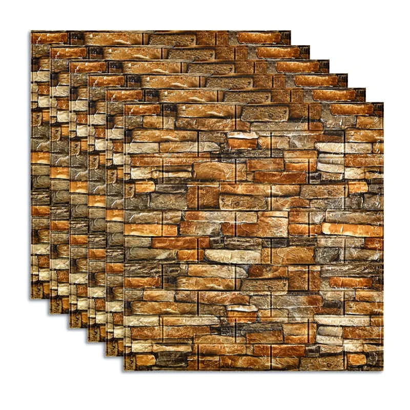PLACI TAPET & MARMURA - Set 10 x Placa de Tapet autoadeziv caramida-piatra maro, spuma moale 3D, 77x70 cm