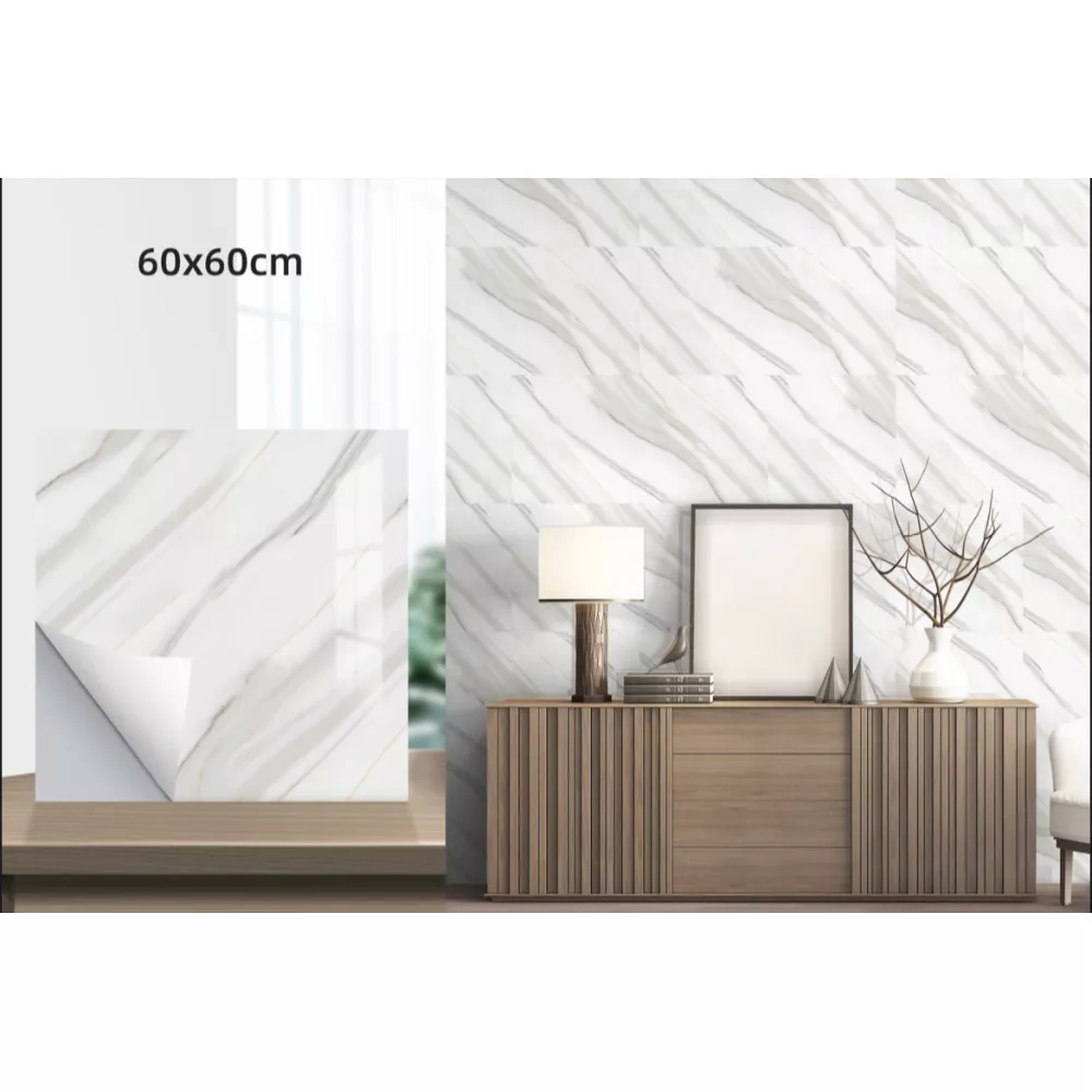 PLACI TAPET & MARMURA - Set 10 x Placi Decorative 60x60 cm autoadezive tip Marmura Alb cu gri si fir auriu