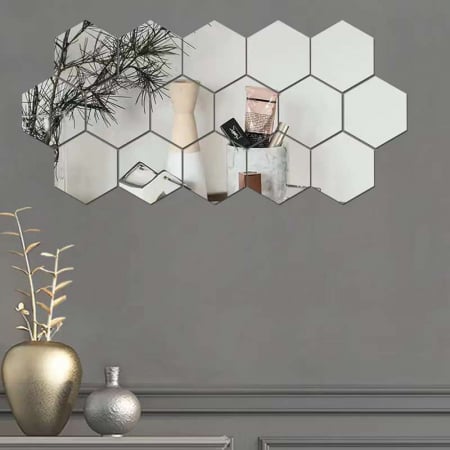 TOATE PRODUSELE - Set 12 oglinzi Acrilice si Autoadezive decorative, forma Hexagon, diametru 23 cm, Argintiu