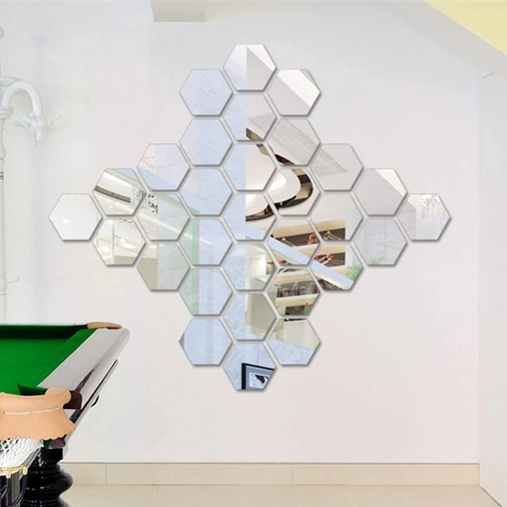 Set 12 oglinzi Acrilice si Autoadezive decorative, forma Hexagon, diametru 23 cm, Argintiu [6]