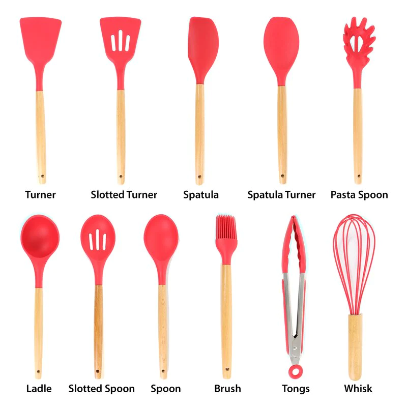 Set 12 ustensile de gatit din silicon, maner rezistent din bambus [1]