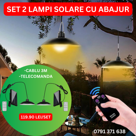 Set 2 Lampi Solare cu Abajur si Telecomanda, Interior/Exterior, Cablu 3 metri