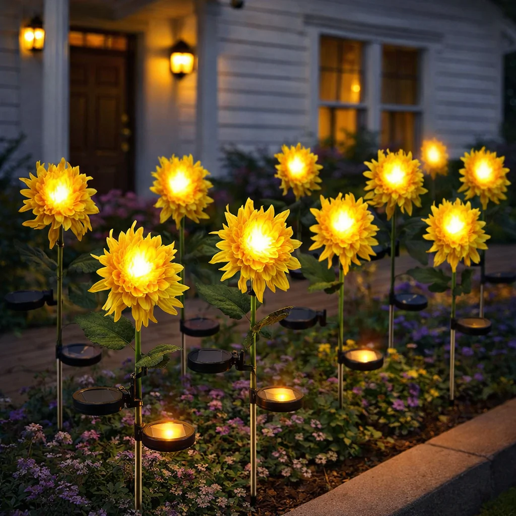 TOATE PRODUSELE - Set 2 lampi solare model floare Crizantema, pentru gradina iluminare decorativa exterior, inaltime 80 cm